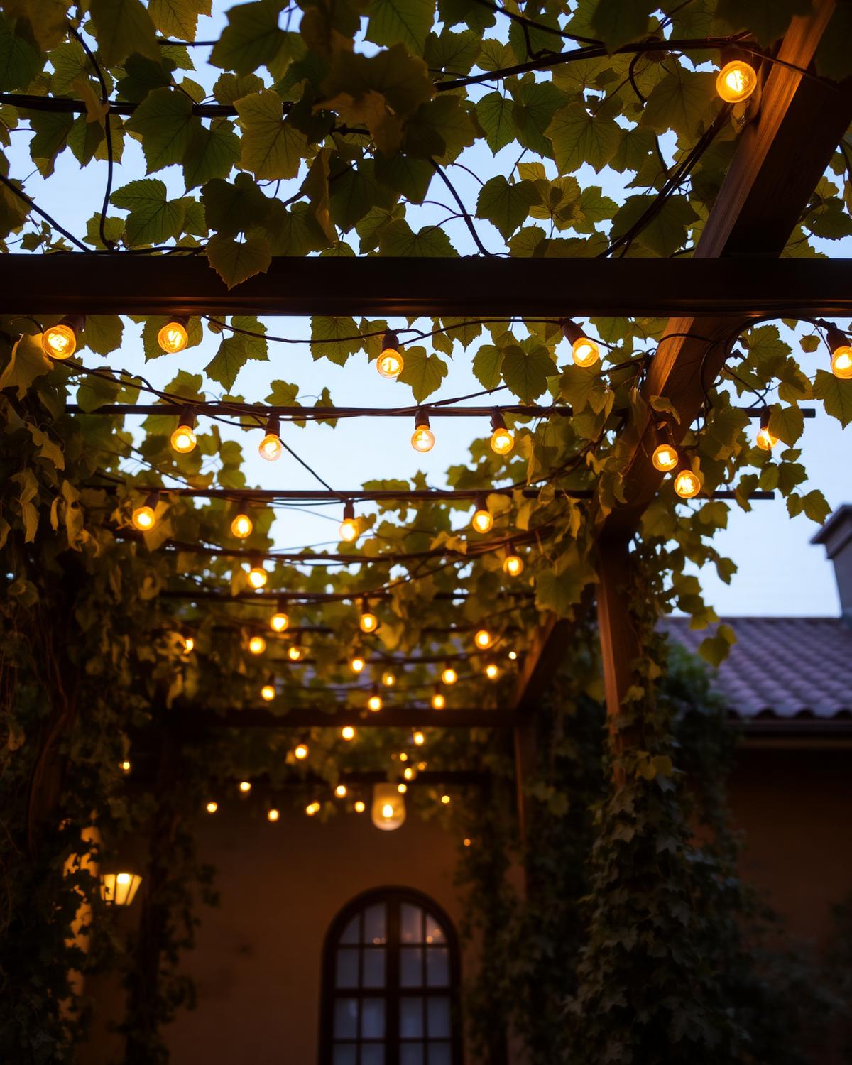 Grapevine pergola with warm string lights