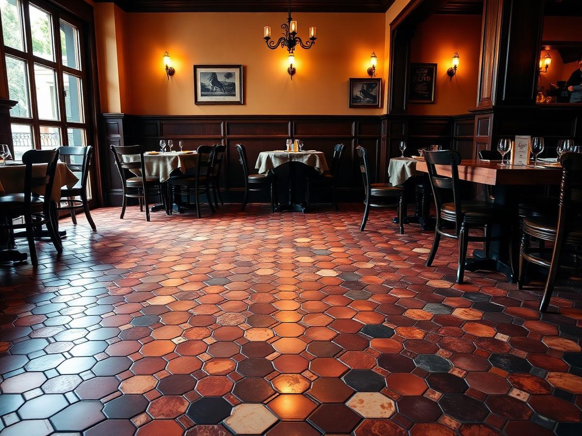 Terracotta hexagonal tile floor detail