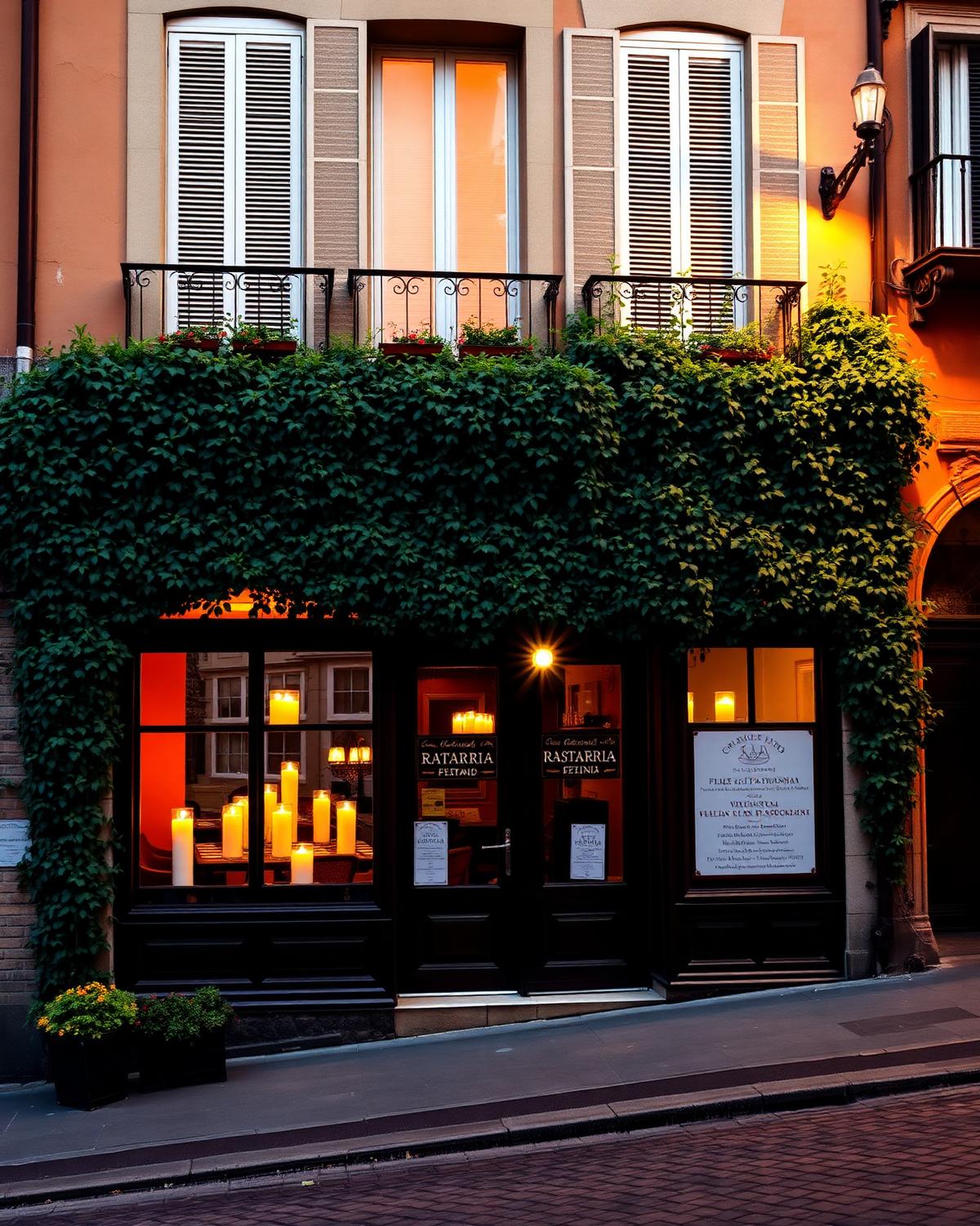 Exterior facade of the Torino trattoria at sunset