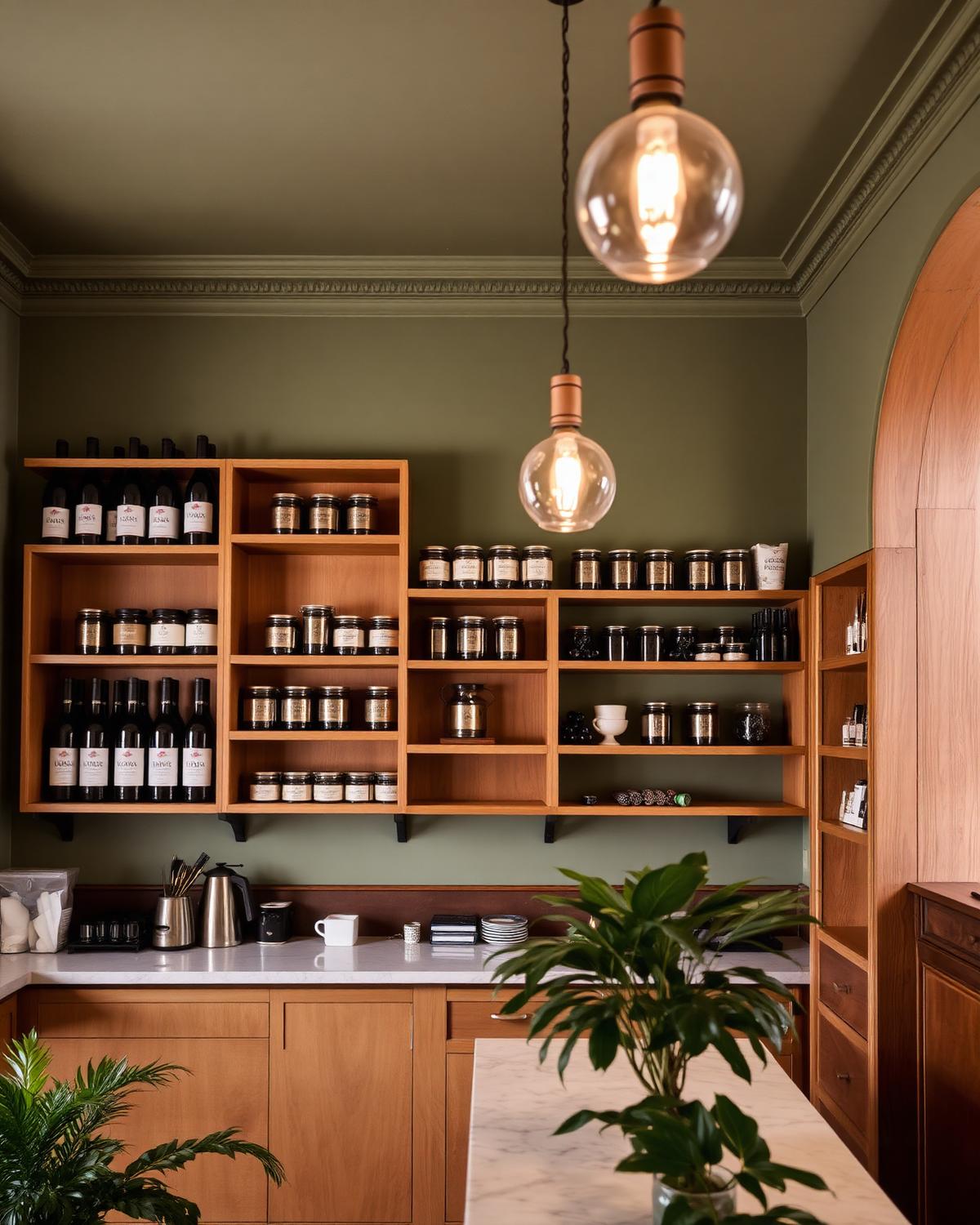 Warm interior with wooden shelves and olive walls